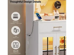 Hauss Spole Aparador de cocina con iluminación LED, toma de corriente, 6 puertas de cristal y 2 cajones - Estantes regulables - Blanco Hot