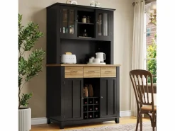 Hauss Spole Aparador De Cocina|Aparador de cocina con iluminación LED, 3 cajones y 4 puertas - estantes regulables - y madera