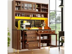 Hauss Spole Aparador De Cocina|Aparador de cocina con iluminación LED, 4 puertas, 3 cajones y botellero - Color nogal