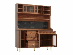 Hauss Spole Aparador De Cocina|Aparador de cocina con iluminación LED, 4 puertas, 3 cajones y botellero - Color nogal