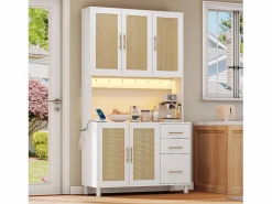 Merax Aparador de cocina con LED - 100 x 40 x 183 cm - con USB + enchufes + estantes regulables + 3 cajones - MDF - Blanco Sale