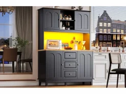 Merax Aparador de cocina de alta calidad - 120 x 40 x 180 cm - con LED + 3 cajones + 4 puertas - MDF - Negro Clearance