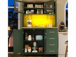 Merax Aparador De Cocina|Aparador de cocina estilo rústico - 105,5 x 40 x 180 cm - con 4 puertas + LED + portavasos + cajones - MDF -