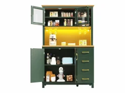 Merax Aparador De Cocina|Aparador de cocina estilo rústico - 105,5 x 40 x 180 cm - con 4 puertas + LED + portavasos + cajones - MDF -