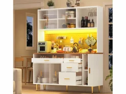 Merax Aparador de cocina moderno - 145 x 24 x 171 cm - con LED + estantes + puertas + 4 cajones - cristal + MDF - Blanco Hot