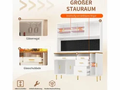 Merax Aparador de cocina moderno - 145 x 24 x 171 cm - con LED + estantes + puertas + 4 cajones - cristal + MDF - Blanco Hot