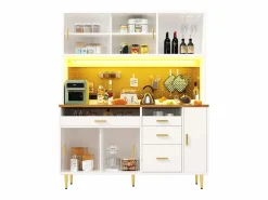 Merax Aparador de cocina moderno - 145 x 24 x 171 cm - con LED + estantes + puertas + 4 cajones - cristal + MDF - Blanco Hot
