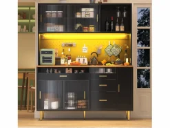 Aparador de cocina moderno - 145 x 24 x 171 cm - con LED + estantes + puertas + 4 cajones - vidrio + MDF -^Merax Outlet