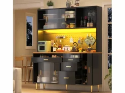 Aparador de cocina moderno - 145 x 24 x 171 cm - con LED + estantes + puertas + 4 cajones - vidrio + MDF -^Merax Outlet