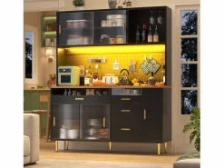 Aparador de cocina moderno - 145 x 24 x 171 cm - con LED + estantes + puertas + 4 cajones - vidrio + MDF -^Merax Outlet