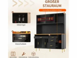 Aparador de cocina moderno - 145 x 24 x 171 cm - con LED + estantes + puertas + 4 cajones - vidrio + MDF -^Merax Outlet