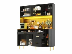 Aparador de cocina moderno - 145 x 24 x 171 cm - con LED + estantes + puertas + 4 cajones - vidrio + MDF -^Merax Outlet