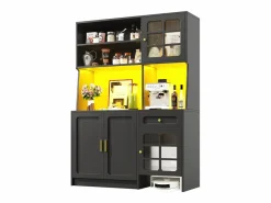 Hauss Spole Aparador de cocina 130x45x180 cm con puertas, cajón e iluminación LED, blanco Negro Best