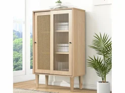 Hauss Spole Aparador de cocina 60x40x100cm, 2 puertas correderas respectivamente en cristal y ratán Color natural claro