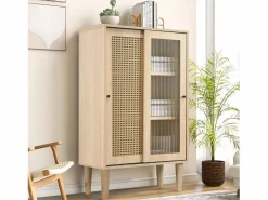 Hauss Spole Aparador de cocina 60x40x100cm, 2 puertas correderas respectivamente en cristal y ratán Color natural claro