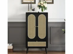 Hauss Spole Aparador de cocina 60x40x110cm, 2 puertas de ratán y 1 cajón, madera, color Negro Outlet