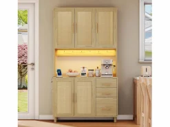 Hauss Spole Aparador De Cocina|Aparador de cocina 100x40x183cm con 5 puertas de ratán y 3 cajones, LED y puerto USB incluido, cuerpo natural