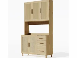 Hauss Spole Aparador De Cocina|Aparador de cocina 100x40x183cm con 5 puertas de ratán y 3 cajones, LED y puerto USB incluido, cuerpo natural