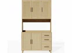 Hauss Spole Aparador De Cocina|Aparador de cocina 100x40x183cm con 5 puertas de ratán y 3 cajones, LED y puerto USB incluido, cuerpo natural