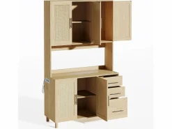 Hauss Spole Aparador De Cocina|Aparador de cocina 100x40x183cm con 5 puertas de ratán y 3 cajones, LED y puerto USB incluido, cuerpo natural