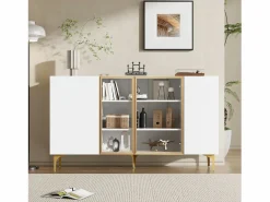 Hauss Spole Aparador de cocina 150x38x85cm con 4 puertas incluidas 2 de cristal, cuerpo con bandas doradas Blanco Discount