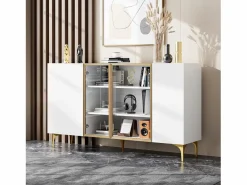 Hauss Spole Aparador de cocina 150x38x85cm con 4 puertas incluidas 2 de cristal, cuerpo con bandas doradas Blanco Discount