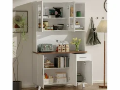 Aparador de cocina 114,5x40x190cm con 5 puertas, 1 cajón y 2 nichos, cuerpo en chapa de madera imitación madera blanca y marrón^Hauss Spole Discount
