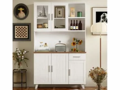 Aparador de cocina 114,5x40x190cm con 5 puertas, 1 cajón y 2 nichos, cuerpo en chapa de madera imitación madera blanca y marrón^Hauss Spole Discount