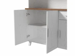 Aparador de cocina 114,5x40x190cm con 5 puertas, 1 cajón y 2 nichos, cuerpo en chapa de madera imitación madera blanca y marrón^Hauss Spole Discount