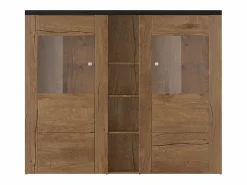 Meublorama Aparador de diseño con 2 puertas para salón en color roble y negro efecto madera. Colección SANTIAGO. Negro / Color natural claro