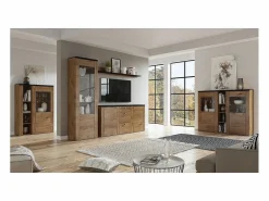 Meublorama Aparador de diseño con 2 puertas para salón en color roble y negro efecto madera. Colección SANTIAGO. Negro / Color natural claro