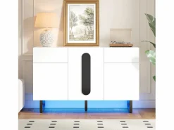 Merax Aparador moderno - 120 x 40,5 x 75 cm - con 2 cajones + 3 puertas + luces LED - patas metálicas - madera - Blanco Online
