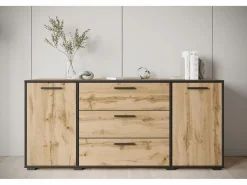 Cómoda|Aparador moderno 150 cm para salón – 3 cajones y 2 puertas, color roble wotan con borde grafito negro