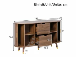 Aparador redondeado con veta vertical - 140 x 40 x 79,5 cm - con 2 puertas correderas + 2 cajones - MDF - marrón^Merax