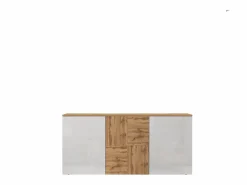 Aparador suspendido Iseo con 3 puertas y 6 compartimentos internos brillo y roble 150x35x70 cm Blanco Discount