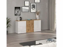 Aparador suspendido Iseo con 3 puertas y 6 compartimentos internos brillo y roble 150x35x70 cm Blanco Discount