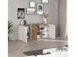Aparador suspendido Iseo con 3 puertas y 6 compartimentos internos brillo y roble 150x35x70 cm Blanco Discount