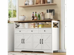 Hauss Spole Aparador 140x35x95cm con 3 cajones, 4 puertas y 1 nicho, tablero imitación madera marrón, cuerpo Blanco Online