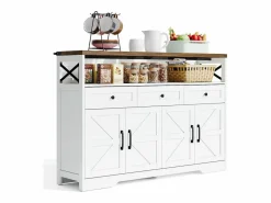 Hauss Spole Aparador 140x35x95cm con 3 cajones, 4 puertas y 1 nicho, tablero imitación madera marrón, cuerpo Blanco Online