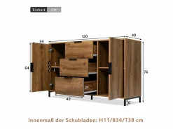 Hauss Spole Aparador 120x40x76cm con 3 cajones y 2 puertas, en madera natural oscura, patas de metal negro. Color natural oscuro Discount