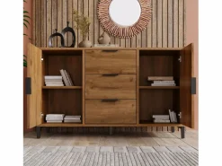 Hauss Spole Aparador 120x40x76cm con 3 cajones y 2 puertas, en madera natural oscura, patas de metal negro. Color natural oscuro Discount