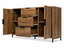 Hauss Spole Aparador 120x40x76cm con 3 cajones y 2 puertas, en madera natural oscura, patas de metal negro. Color natural oscuro Discount