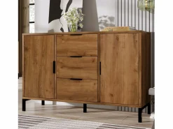 Hauss Spole Aparador 120x40x76cm con 3 cajones y 2 puertas, en madera natural oscura, patas de metal negro. Color natural oscuro Discount