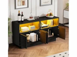 Aparador 130x35x68cm con 4 puertas correderas de cristal y 4 puertas batientes negras, LED incluido^Hauss Spole Best