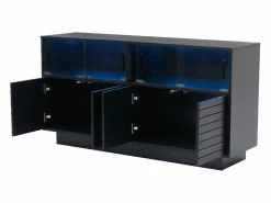 Aparador 130x35x68cm con 4 puertas correderas de cristal y 4 puertas batientes negras, LED incluido^Hauss Spole Best