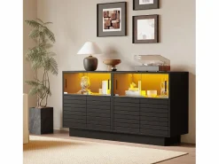 Aparador 130x35x68cm con 4 puertas correderas de cristal y 4 puertas batientes negras, LED incluido^Hauss Spole Best