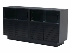 Aparador 130x35x68cm con 4 puertas correderas de cristal y 4 puertas batientes negras, LED incluido^Hauss Spole Best