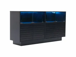 Aparador 130x35x68cm con 4 puertas correderas de cristal y 4 puertas batientes negras, LED incluido^Hauss Spole Best