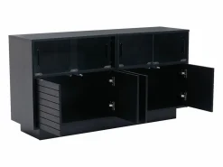 Aparador 130x35x68cm con 4 puertas correderas de cristal y 4 puertas batientes negras, LED incluido^Hauss Spole Best