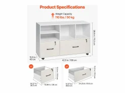 Cajonera De Escritorio|Archivador Móvil SucceBuy de Madera, Mueble de Oficina con 2 Cajones, Estantes Abiertos y Ajustables, Bloqueable, para Oficina,